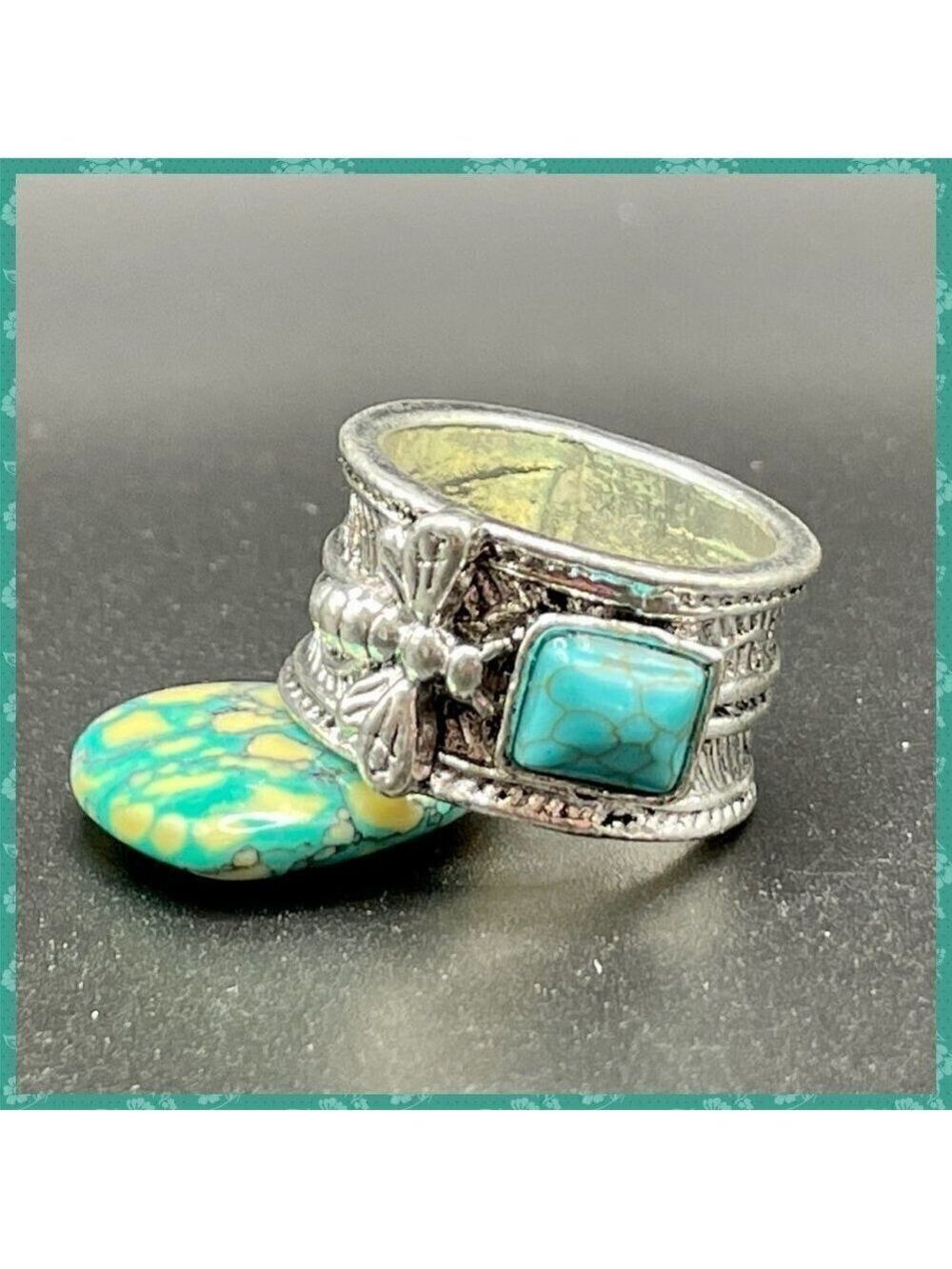 Bumble Bee with Faux Turquoise Stone Boho Band Ring #1193